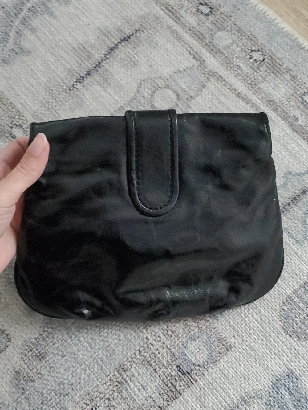 Balenciaga Shiny Black Leather and Silver Pouch Flap Clutch Bag With Mirror